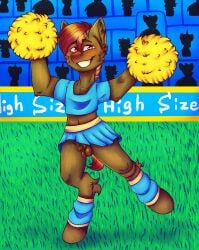 aged_up animal_genitalia animal_penis black_marker_(artist) blush bottomwear brown_eyes brown_hair button_mash_(mlp) cheerleader cheerleader_outfit clothing earth_pony english_text equid equine equine_genitalia equine_penis erection feral flared_penis friendship_is_magic genitals hair hasbro hi_res horse male mammal my_little_pony mythology penis pony pose shy skirt small_penis smile solo text