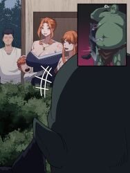 2girls breasts cleavage clothed_female daughter dog faceless_male family green_skin humping humping_leg large_breasts loincloth maguro123 merom milf monster mother_and_daughter ogre orange_hair yorumaguro