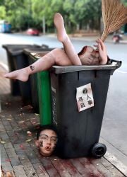 3d_(artwork) absurdres amputee chinese chinese_female decapitated_head decapitation deep_wound dismemberment ero_guro female garbage garbage_bin gore guro highres injury light-skinned_female original quadruple_amputee queen_of_spades_symbol slaughtered tattoo torture