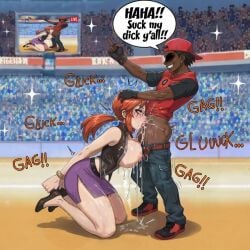 1boy 1woman adult_and_teenager ai_generated balls_deep blackroga cocky cum dark-skinned_male deepthroat facefuck hand_on_head high_heels holding_heels interracial irrumatio kneeling lorelei_(pokemon) maledom middle_finger milf nintendo pokemon pokemon_frlg pokemon_lgpe pokemon_rgby pokemontrainer public public_humiliation ruined_makeup running_mascara saliva sex_slave skirt submissive_female victory