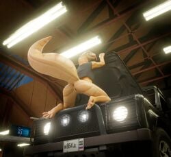 2026 3d_(artwork) 4_toes anthro anus big_tail black_sclera bottomless bottomless_anthro bottomless_female car car_hood clitoral_hood clitoris clothed clothing digital_media_(artwork) digitigrade electronics feet female full-length_portrait garage genitals glistening glistening_body glistening_scales glowing glowing_eyes hi_res high-angle_view impaer_jaster kneeling looking_at_viewer looking_back looking_back_at_viewer marha_(sladdoska) markings monitor non-mammal_vulva open_mouth open_smile pawpads portrait pupils purple_eyes raised_tail rear_view reptile russian_flag scales scalie slit_pupils smile smiling_at_viewer snake solo striped_markings striped_tail stripes tail tail_markings thick_tail thick_thighs toes tongue tongue_out vehicle vulva watermark wide_hips yellow_body yellow_scales