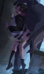 1boy1girl 1boys 1girls against_wall ambiguous_penetration ass ass_grab black_hair choker clenched_teeth colored_inner_hair commission crying_with_eyes_open cum ellen_joe equine_humanoid female female_focus hair_ornament hairclip holding jacket lifted_skirt looking_back male male/female multicolored_hair panties panty_pull pink_hair prostitution red_eyes sex shark_girl shark_tail sharp_teeth shuuko size_difference straight teeth tremble_spikes two-tone_hair zenless_zone_zero