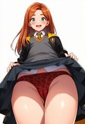 ai_generated cameltoe ginny_weasley harry_potter hogwarts_school_uniform hogwarts_student looking_at_viewer looking_down novelai red_lace_panties skirt_lift visible_underwear willing_female wizarding_world