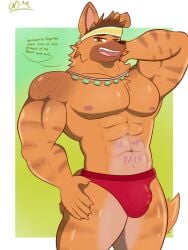 1boy 2026 2d 5_fingers ad_wox anthro bara briefs brown_eyes brown_fur brown_hair bulge digital_media_(artwork) dreamworks english_text forgotten_island furry furry_only gay male male_only muscular necklace nervous nipples one_arm_behind_head out_of_frame raww_(forgotten_island) red_underwear simple_background solo tail text text_on_belly text_on_body underwear weredog yaoi
