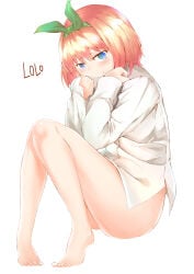1girls absurd_res ass bag bare_legs barefoot blue_eyes blush bottomless bow dress_shirt female_focus full_body go-toubun_no_hanayome green_hairband green_ribbon hair_ribbon hairband head_rest highres long_sleeves looking_at_viewer nakano_yotsuba naked_shirt orange_hair pink_hair ribbon shirt short_hair simple_background sitting smile solo sunhyun white_background white_shirt