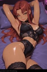 1girl ai_generated alien_girl armpits arms_behind_head arms_up bed bedroom black_bra black_lingerie black_panties black_thighhighs blush bra breasts closed_mouth detailed_background green_eyes head_on_pillow hi_res high_quality high_resolution highres indoors lace-trimmed_bra lace_trim large_breasts lingerie lips long_hair looking_at_viewer lying lying_on_bed on_back on_bed orange_skin panties parted_bangs pillow red_hair seductive_smile shiny_skin smile solo starfire starfire_(teen_titans) sweat teen_titans thighhighs thighs underwear zimalarey