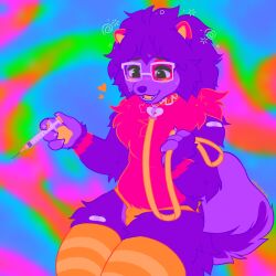 1:1 2025 abstract_background anthro aphrodisiac balls balls_outline bright bright_colors bulge canid canine canis clothing collar critterclinic detailed_bulge dizzy domestic_dog eyewear femboy fur genital_outline genitals glasses hi_res holding_syringe intoxication_play leash leashed_collar legwear male male_anthro mammal medical medical_play neon nonbinary_(lore) open_mouth penis_outline pink_body pink_fur pomeranian psychedelic_background purple_body purple_fur solo spitz substance_intoxication syringe thick_thighs thigh_highs thong trippy_background underwear wearing_glasses wide_hips