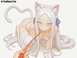 1girl all_fours blue_eyes blush breasts cat_ears collar leash looking_at_viewer micro_bikini neck_bell pandora_(re:zero) paw_gloves paw_pose re:zero_kara_hajimeru_isekai_seikatsu ribbon swimsuit very_long_hair white_background white_bikini white_collar white_hair white_tail white_thighhighs