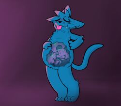 ambiguous_gender anthro blush bodily_fluids canguuro canid canine canis domestic_cat domestic_dog duo felid feline felis fur hair hi_res male male/male mammal nude oral_vore simple_background smile submissive submissive_male tail tongue vore vore_belly