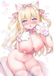 1girl blush breasts cat_gloves cat_paws collar cum cum_on_belly cum_on_body cum_on_breasts cum_on_face cum_on_hair cum_on_head cum_on_thighs frilled_collar golden_hair hair_ornament hair_ribbon hairband highres lactation large_breasts long_hair maid maid_headdress naked naked_female nipples nude original shiono_(0303) sitting straight_hair thighhighs tied_hair twintails