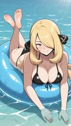 1girls ai_generated ass barefoot bikini blonde blonde_female blonde_hair breasts clothed clothed_female clothing creatures_(company) cynthia_(pokemon) feet female female_only from_above game_freak hair_ornament in_water light-skinned_female light_skin looking_at_viewer nintendo pokemon pokemon_bdsp pokemon_dppt pool_float self_upload soles solo solo_female the_pose toes
