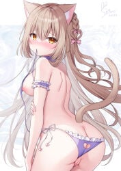 1girl armband ass bikini bikini_aside bikini_bottom bikini_bottom_aside blush braid braided_hair breasts brown_hair cameltoe cat_bikini cat_ears cat_tail catgirl censored collar frilled_armband frilled_bikini frills hair_ornament hair_ribbon highres large_breasts long_hair long_sleeves mosaic_censoring nekomimi nipples open_shirt open_sweater original pussy ribbon shiono_(0303) side-tie_bikini side_braid sideboob straight_hair tied_hair topless