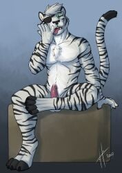 2017 anthro balls black_claws black_nose bodily_fluids cheek_tuft chest_tuft claws cum cum_on_hand cum_on_own_penis cum_on_penis cum_on_self dated eye_patch eyewear facial_tuft fangs felid fur genital_fluids genitals glistening glistening_eyes green_eyes hair herzog_silverfang hi_res hufnaar humanoid_genitalia humanoid_penis hybrid_genitalia hybrid_penis looking_at_viewer male male_anthro mammal markings nude open_mouth pantherine penile_spines penis red_penis red_tongue short_hair signature simple_background sitting solo striped_arms striped_body striped_fur striped_legs striped_markings striped_tail stripes tail tail_markings teeth tiger tongue tongue_out tuft white_balls white_hair
