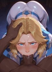 1boy 1girls ai_generated blonde_hair blue_eyes blush clothing dark-skinned_male dark_skin deepthroat face_down_ass_up hand_on_head interracial invisible_woman invisible_woman_(marvel_rivals) jumpsuit marvel marvel_comics marvel_rivals oral oral_penetration oral_sex pov sue_storm sweat tight_clothing