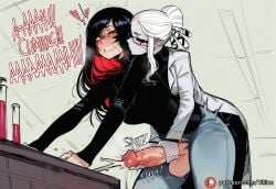 2girls ai_generated black_hair clenched_teeth cum ejaculation english_text erection futanari handjob long_hair multiple_girls pants penis reacharound red_eyes rwby salem_(rwby) single_hair_bun teeth testicles tillian uncensored white_hair