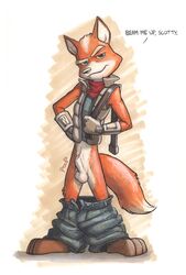 2005 animal_genitalia anthro balls canine clothing english_text fox fox_mccloud front_view green_eyes jeans looking_at_viewer male male_only mammal nintendo pants pants_around_ankles poop_(artist) sheath signature solo standing star_fox text video_games white_balls