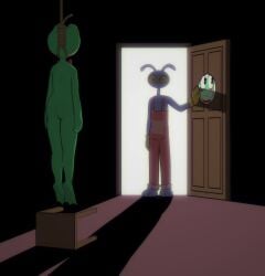 absurd_res amphibian anthro barefoot bow_tie butt canon_couple clothing crazy_eyes dark death digital_media_(artwork) doorway duo e254e feet female frog glitch_productions gloves handwear hanged hi_res jax_(tadc) killing lagomorph leporid light male male/female mammal membrane_(anatomy) noose nude oh_no overalls rabbit ribbit_(tadc) sad suicide the_amazing_digital_circus toes webbed_feet