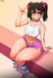 1girls black_hair booty_shorts brat bratty crop_top devil_horns_(gesture) dolphin_shorts exposed_midriff exposed_nipples eyeliner grinning grinning_at_viewer hair_ribbon huge_ass led103 looking_at_viewer love_live! love_live!_school_idol_project makeup nipples_visible_through_clothing petite petite_body pink_eyes pink_shorts posing posing_for_the_viewer see-through see-through_clothing sitting small_breasts smug smug_face sneakers socks solo solo_focus tank_top thick_ass thick_thighs thigh_gap tied_hair transparent_clothing triple-q twintails watermark white_topwear wide_hips yazawa_nico