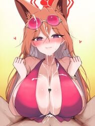 1boy 1girls alternate_costume animal_ear_fluff animal_ears bar_censor bare_shoulders bikini blue_archive blush braid_over_shoulder breasts breasts_squeezed_together censored closed_mouth clothed_female_nude_male collarbone crossed_bangs cum cum_on_body cum_on_breasts cum_on_hair ejaculation eyewear_on_head facial fox_ears fox_girl gradient_background hair_between_eyes halo halterneck han_(jackpot) handsfree_breast_squeeze heart highres huge_breasts long_hair looking_at_viewer nose_blush nude official_alternate_costume paizuri paizuri_under_clothes penis pov pov_crotch projectile_cum purple_eyes red-framed_eyewear red-tinted_eyewear red_bikini red_halo rumi_(blue_archive) smile solo_focus sunglasses sweat swimsuit tinted_eyewear very_long_hair yellow_background