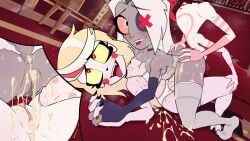 1boy 1boy2girls 2girls 2girls1boy alternate_version_available angel_dust blush bodily_fluids breasts charlie_morningstar_(hazbin_hotel) creampie cum cum_in_pussy doggy_style hazbin_hotel hellaverse lingerie oedipism tears threesome tounge_out vaggi_(hazbin_hotel) vaggie_(hazbin_hotel)