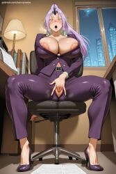1girl ai_generated areola_slip areolae blush book breasts cleavage desk hi_res high_heels high_quality high_resolution huge_breasts indoors long_hair looking_at_viewer masturbation nipple_slip open_mouth patreon purple_eyes purple_hair savvyraexo seductive sexy shion_(tensei_shitara_slime_datta_ken) sitting solo spread_legs sweat uncensored unzipped very_long_hair watermark zipper