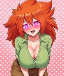 1girl 1girls ai_generated belt bent_over big_boobs big_breasts blush boobs breasts brown_pants buckle busty busty_female cleavage clothed clothing collared_shirt facing_viewer female female_focus female_only gloves glowing glowing_eyes green_shirt happy_trance heart-shaped_pupils heart_eyes heart_symbols hearts_in_background hypnosis hypnotized hypnotized_female large_boobs large_breasts leaning_forward looking_at_viewer mind_control nomad_of_nowhere open_mouth pants pink_background pink_eyes red_hair rooster_teeth shirt skout smile solo solo_female solo_focus standing symbol_in_eyes zupern0va_(manipper)