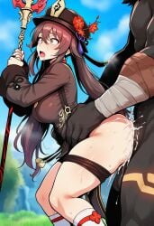 ai_generated bent_legs big_breasts cum cum_on_ass cum_on_body defeated defeated_heroine drooling excessive_cum fucked_from_behind fucked_into_submission fucked_senseless gasp genshin_impact holding_spear holding_weapon hu_tao_(genshin_impact) huge_cock interspecies large_insertion larger_male mitachurl moaning mouth_open narrow_waist raped_by_monster raped_female self_upload sex_from_behind shorts_down size_difference tears white_socks