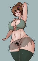 1girl chubby crop_top fat_ass fat_female female glasses gstring hair_ornament kako plump ponytail skirt solo