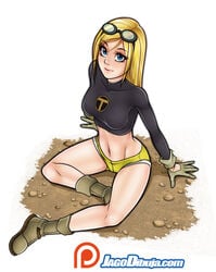 arm_support artist_name belt blonde_hair blue_eyes boots breasts clothed clothing crop_top dc_comics eyelashes eyewear female female_only footwear full_body gloves goggles goggles_on_head handwear highres human jago_dibuja long_hair medium_breasts midriff navel on_ground shirt short_shorts shorts simple_background sitting solo teen_titans terra terra_(dc) toned white_background