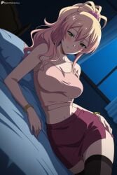 1girl ai_generated bare_shoulders bed black_thighhighs blonde_hair blush bracelet breasts camisole cleavage collarbone digitalwaifugallery green_eyes hair_between_eyes hair_ornament hair_scrunchie hajimete_no_gal hand_on_own_hip hi_res high_quality high_resolution indoors jewelry large_breasts long_hair looking_at_viewer lying midriff navel night on_bed on_side patreon pencil_skirt pink_hair ponytail scrunchie seductive sexy skirt smile solo thighhighs uncensored watermark window yame_yukana zettai_ryouiki