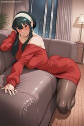 1girl ai_generated bare_shoulders black_hair black_legwear blush breasts brown_eyes couch dress earrings hairband hi_res high_quality high_resolution indoors jewelry large_breasts long_hair looking_at_viewer off-shoulder_sweater off_shoulder on_couch pantyhose patreon red_dress savvyraexo seductive sexy sidelocks smile solo spy_x_family sweater sweater_dress uncensored watermark wooden_floor yor_briar