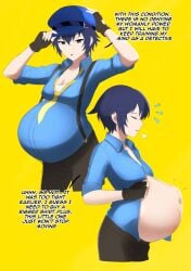 1girls big_belly bloated_belly blue_eyes blue_hair cleavage clothed clothing female female_only fetal_movement hat heavily_pregnant naoto_shirogane navel outie_navel persona persona_4 persona_4:_dancing_all_night pregnant sarawa_kotoku shirogane_naoto short_hair undressing