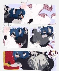 abdominal_bulge absurd_res anal anal_penetration anthro ball_lick balls big_butt big_penis blue_hair bodily_fluids butt chastity_cage chastity_device comic crown cum cum_in_ass cum_inside cum_on_butt cum_while_chaste duo ejaculation erection felid frito_(hiddenshadow55) genital_fluids genitals hair hands-free headgear hi_res huge_penis licking male male/male mammal nude oral pantherine penetration penile penile_penetration penis penis_in_ass penis_lick presenting presenting_hindquarters prince_kaydence procyonid raccoon sex snow_leopard stylized_chastity_cage tail tongue vein veiny_penis white_hair zawwmbie