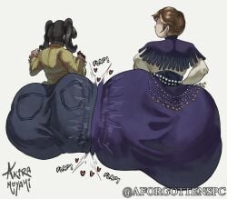 2girls aforgottenspc artist_name ass_focus ass_in_dress ass_to_ass back back_view backboob black_hair black_nail_polish black_nails brown_hair bubble_ass bubble_butt dat_ass daughter dress english english_text fat_ass female female_only hair heart hearts huge_ass human humanoid hyper hyper_butt jewerly large_ass massive_ass mature mature_female mature_woman milf mother mother_and_daughter nail_polish nails onomatopoeia purple_dress selene_contiello sienna_contiello skullgirls swaying_ass sweater text twintails white_background yellow_sweater