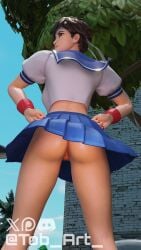 3d 3d_(artwork) alternate_version_available ass big_ass brown_hair brown_hair_female clothed clothed_female clothing commission exposed_ass exposed_pussy female female_focus female_only fortnite hands_on_hips headband mostly_clothed mostly_clothed_female no_panties oil oiled oiled_skin pose posing public public_nudity pussy sakura_kasugano sakura_kasugano_(fortnite) shiny shiny_skin short_hair short_hair_female solo solo_female solo_focus street_fighter tob_art_ upskirt watermark