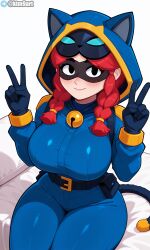 ai_generated bed big_breasts brawl_stars cat_burglar_jessie double_v jessie_(brawl_stars) sitting solo thick_thighs v
