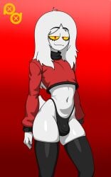 1femboy artist_logo black_stockings black_thong bulge femboy midriff puffle_jhebb_(puffledreemurr) puffledreemurr red_sweater turtleneck_sweater white_fur