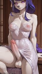 1girl ai_generated animal_ears blonde_hair blue_eyes blush breasts cleavage covered_nipples decurse dog_girl furry furry_female genshin_impact jewelry large_breasts long_hair looking_at_viewer mole navel necklace off_shoulder panties raiden_shogun see-through smile snout solo underwear white_panties