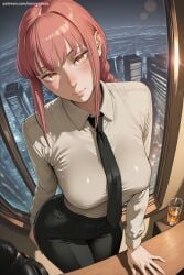1girl ai_generated bangs black_neckwear black_pants blush braid braided_ponytail breasts business_suit chainsaw_man collared_shirt eyebrows_visible_through_hair formal hi_res high_quality high_resolution large_breasts light_smile long_hair long_sleeves looking_at_viewer makima_(chainsaw_man) medium_hair necktie neckwear office_lady pants patreon pink_hair ringed_eyes savvyraexo seductive sexy shirt shirt_tucked_in sitting smile solo suit uncensored watermark white_shirt wooden_floor yellow_eyes