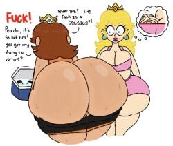 1futa 1girls 2d ass ass_awe blonde_hair bottom_heavy breasts brown_hair bulge busty cleavage erection female futa_with_female futanari light-skinned_futa light_skin mario_(series) nintendo penis princess_daisy princess_peach pussy shorts shorts_down sweat tagme tan-skinned_female tan_skin theslashfive thick_thighs thighs vagina white_background