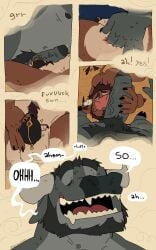 5:8 absurd_res age_difference anal anal_fingering anthro anthro_on_anthro beard bovid brown_body brown_fur cabin chastity_cage chastity_device comic devilsdozen dragon duo erection facial_hair father_(lore) father_and_child_(lore) father_and_son_(lore) fingering fur genitals gregg_(tal) grey_body grey_fur hi_res horn horn_jewelry hot_tub hybrid incest_(lore) jewelry larger_male looking_pleasured male male/male mammal mature_male mythological_creature mythological_scalie mythology nipples older_male open_mouth open_smile oral orgasm_denial parent_(lore) parent_and_child_(lore) parent_and_son_(lore) penis permanent scalie shotgunning size_difference smaller_male smile son_(lore) stripes tal vein veiny_penis younger_male
