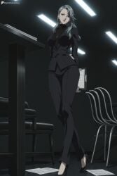 1girl ai_generated arm_behind_back arms_behind_back black_footwear black_jacket black_pants breasts chair desk digitalwaifugallery earrings formal from_below full_body grey_hair hi_res high_heels high_quality high_resolution holding indoors jacket jewelry large_breasts lipstick long_hair long_sleeves looking_at_viewer mature_female necklace pants paper patreon red_lips sae_niijima seductive sexy shirt smile solo standing suit turtleneck uncensored watermark