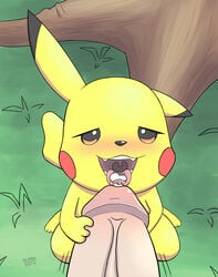 black_nose blush cum cum_in_mouth cum_inside cum_on_tongue fangjob fangs female feral fur grass hand_on_penis humanoid_penis male male_on_feral mammal nintendo open_mouth oral penis pikachu pokemon red_cheeks rodent sl350 solo_focus straight tongue tree video_games yellow_fur