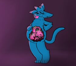 ambiguous_gender anthro blush bodily_fluids canguuro canid canine canis domestic_cat domestic_dog duo felid feline felis fur hair hi_res male male/male mammal nude oral_vore simple_background smile submissive submissive_male tail tongue vore vore_belly