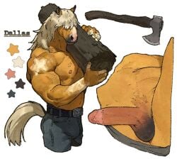 2024 alpha_channel anthro axe balls biceps blonde_hair bottomwear bulge circumcised clothed clothing denim denim_bottomwear denim_clothing equid equine erection genitals glans hair hair_over_eyes hi_res horse humanoid_genitalia humanoid_penis jeans log male mammal markings muscular muscular_anthro muscular_male nipples obscured_eyes pants pecs penis pubes roamingthrough simple_background solo star_(marking) tail topless topless_anthro topless_male transparent_background wood