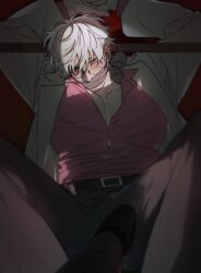 2boys blush class_3-z gag gagged gay gintama gintoki_sakata glasses labcoat looking_at_viewer male male_only male_pov official_alternate_costume pecs pectoral_cleavage pov restrained solo_focus stepped_on stepping_on_penis takasugi_shinsuke tape_gag taped_mouth teacher white_hair yaoi