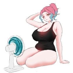 1girl big_breasts blaspy blaspy_(character) colored_hair elf elf_ears fan heterochromia hot milf plvtuber sweat sweating thicc thick_thighs vtuber