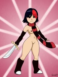 1girls asian asian_female black_hair blush breasts drgonzo female knives_chau nipples nude pussy scarf scott_pilgrim solo sword