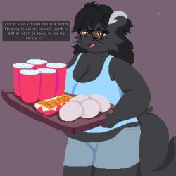 ana_(anascarfan2) big_breasts binturong black_body black_fur black_hair blue_clothing breasts chips chubby cleavage clothing enkah enkahart female food furry glasses huge_breasts imminent_weight_gain mammal sequence shirt soda soda_can tagme thick_thighs tray viverrid wide_hips