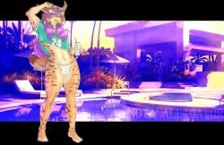 2026 anklet anthro beverage bikini bracelet bulge can claws clothed clothing container crop_top detailed_bulge digital_drawing_(artwork) digital_media_(artwork) drex_the_lynx drinking_straw ear_piercing ear_ring eyewear facial_piercing felid feline femboy full-length_portrait glint gradient_hair grand_theft_auto grand_theft_auto_vi green_clothing green_crop_top green_shirt green_topwear gta_vi_cover_girl hair hand_above_head hand_pawpads hi_res holding_beverage holding_can holding_container holding_eyewear holding_object holding_sunglasses iberian_lynx imnotanalligator jewelry lifting_glasses lip_piercing lips long_hair looking_at_viewer lynx male mammal nails navel navel_piercing number_on_clothing number_on_jersey parasol pawpads piercing portrait purple_eyes purple_hair ring_piercing rockstar_games screencap screencap_background shaded shirt skimpy slim_anthro slim_male smile solo striped_body stripes sunglasses swimming_pool swimwear tail toe_claws topwear two-piece_swimsuit watermark white_bikini white_clothing white_monster_energy white_swimwear